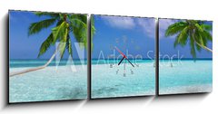 Obraz s hodinami   Traumstrand in den Tropen mit trkisem Meer, Kokosnusspalmen und feinem Sand, 150 x 50 cm