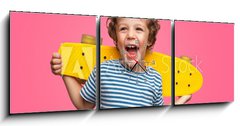 Obraz s hodinami   Happy curly boy laughing and holding skateboard, 150 x 50 cm