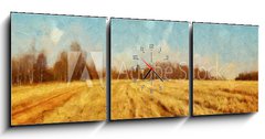 Obraz s hodinami 3D třídílný - 150 x 50 cm F_BM250480908 - Impressionism oil painting on canvas nature landscape motifs wall art print. Countryside beauty. Village. Contemporary artwork for creating poster, stationery, postcard. Watercolor fine modern dra - Obraz na plátně Impresionismus, olejomalba na plátně, motivy přírodní krajiny Krása venkova. Vesnice. Současná umělecká díla pro tvorbu plakátů, papírnictví, pohlednic. Akvarel jemné moderní kresba