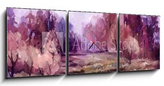 Obraz s hodinami 3D třídílný - 150 x 50 cm F_BM257481152 - Oil painting colorful autumn trees. Vintage paint color image of landscape, forest with yellow, red leaf and lake. Autumn, Fall season nature background. Hand Painted Impressionist, outdoor landsc - Olejomalba barevné podzimní stromy. Vintage barevný obraz krajiny, lesa se žlutými, červenými listy a jezerem. Podzim, podzim sezóna přírodní pozadí. Ručně malovaný impresionista, venkovní krajina