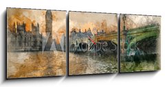 Obraz s hodinami 3D tdln - 150 x 50 cm F_BM262193583 - Watercolor painting of Big Ben and Westminster Bridge during Winter sunset. - Akvarelu Big Ben a Westminster Bridge bhem zimnho slunce.