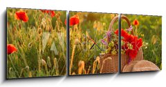 Obraz s hodinami 3D tdln - 150 x 50 cm F_BM276027409 - Basket of wildflowers with straw hat in sunlit poppy field