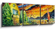 Obraz s hodinami 3D tdln - 150 x 50 cm F_BM277362459 - Impressionism oil painting landscape paint art Red sea ship, scarlet sails, sunset over mountains, yellow