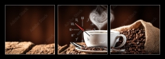 Obraz s hodinami 3D tdln - 150 x 50 cm F_BM286399259 - White Cup Of Hot Coffee With Heart Shaped Steam On Old Weathered Table With Burlap Sack And Beans