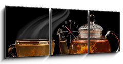 Obraz s hodinami 3D tdln - 150 x 50 cm F_BM30284293 - Glass teapot and a cup of green tea on a black background