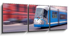 Obraz s hodinami   Modern blue tram rider fast on rails, 150 x 50 cm