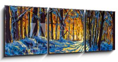 Obraz s hodinami 3D tdln - 150 x 50 cm F_BM306486660 - Oil painting with acrylic watercolor. Winter forest. Sunny winter forest wood landscape illustration artwork nature. - Olejomalba akrylovm akvarelem. Zimn les. Sunny zimn les devo krajina ilustrace umleck dla proda.