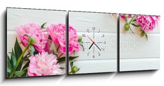 Obraz s hodinami 3D tdln - 150 x 50 cm F_BM313371368 - Pink peony flowers on white wooden table. womans day or wedding background. Top view.