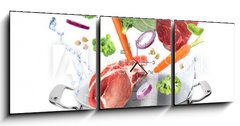 Obraz s hodinami 3D tdln - 150 x 50 cm F_BM320560675 - Many different ingredients falling into pot on white background. Delicious recipe