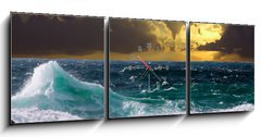 Obraz s hodinami 3D tdln - 150 x 50 cm F_BM32168935 - wave during storm in sunset time - vlna bhem boue pi zpadu slunce