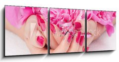 Obraz s hodinami 3D tdln - 150 x 50 cm F_BM32966573 - Woman cupped hands with pink manicure holding a flower