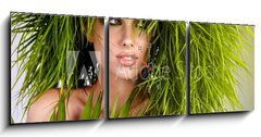 Obraz s hodinami 3D tdln - 150 x 50 cm F_BM35695841 - Young  woman and abstract green hair