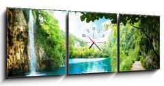 Obraz s hodinami 3D tdln - 150 x 50 cm F_BM36234695 - waterfall in deep forest