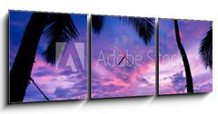 Obraz s hodinami   Beautiful Vacation Sunset, Hammock Silhouette with Palm Trees, 150 x 50 cm