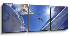Obraz s hodinami 3D tdln - 150 x 50 cm F_BM38537605 - Snowboarder jumping against blue sky