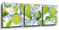 Obraz s hodinami 3D tdln - 150 x 50 cm F_BM38602855 - Fresh limes in water splash,isolated on white background - erstv limes ve vod stkajc, izolovanch na blm pozad