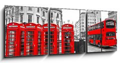 Obraz s hodinami 3D tdln - 150 x 50 cm F_BM39354761 - Red telephone boxes and double