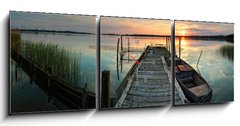 Obraz s hodinami 3D tdln - 150 x 50 cm F_BM41342790 - Steg mit Boot im Sonnenuntergang - Lvka s lod v zpadu slunce