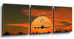 Obraz s hodinami 3D tdln - 150 x 50 cm F_BM41883817 - airplane flying at sunset over the tropical land with palm trees