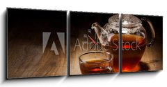 Obraz s hodinami 3D tdln - 150 x 50 cm F_BM42063091 - Tea Set on a Wooden Table