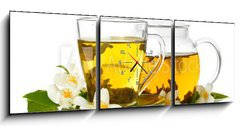 Obraz s hodinami 3D tdln - 150 x 50 cm F_BM42891887 - green tea with jasmine in cup and teapot isolated on white
