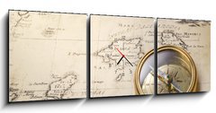 Obraz s hodinami 3D třídílný - 150 x 50 cm F_BM43113208 - old compass and rope on vintage map 1732 - starý kompas a lano na vinobraní mapě 1732