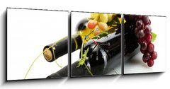 Obraz s hodinami 3D tdln - 150 x 50 cm F_BM44046093 - bottles of wine and ripe grapes isolated on white - lhve vna a zral hrozny izolovanch na blm
