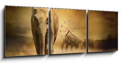 Obraz s hodinami   Elephants at sunset, 150 x 50 cm