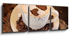 Obraz s hodinami   Latte on wooden table on brown background, 150 x 50 cm