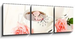 Obraz s hodinami 3D tdln - 150 x 50 cm F_BM45200948 - cups of tea with roses on white wooden table