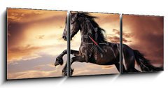 Obraz s hodinami   Black Friesian horse gallop, 150 x 50 cm