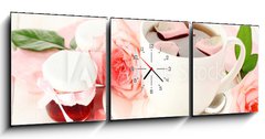 Obraz s hodinami 3D tdln - 150 x 50 cm F_BM45499429 - cup of tea with roses and jam on white wooden table - lek aje s r a demem na blm devnm stole