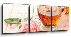 Obraz s hodinami   teapot and cup of tea with roses on white wooden table, 150 x 50 cm