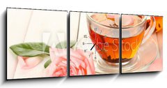 Obraz s hodinami 3D tdln - 150 x 50 cm F_BM45691138 - teapot and cup of tea with roses on white wooden table