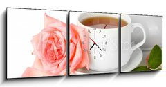 Obraz s hodinami 3D tdln - 150 x 50 cm F_BM45798978 - teapot and cup of tea with rose isolated on white