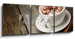 Obraz s hodinami 3D tdln - 150 x 50 cm F_BM46093962 - coffee cup and beans, cinnamon sticks, nuts and chocolate on woo - lek kvy a fazole, skoice, oechy a okolda na woo