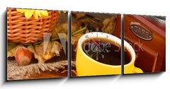 Obraz s hodinami 3D tdln - 150 x 50 cm F_BM46892216 - autumnal composition:coffee grinder, flowers  and leaves
