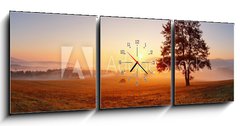 Obraz s hodinami 3D tdln - 150 x 50 cm F_BM47055686 - Alone tree on meadow at sunset with sun and mist - panorama - Samostatn strom na louce pi zpadu slunce se sluncem a mlhou