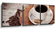 Obraz s hodinami   cup of coofe on wooden tray, 150 x 50 cm