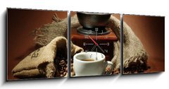 Obraz s hodinami 3D tdln - 150 x 50 cm F_BM47552401 - cup of coffee, grinder, turk and coffee beans - lek kvy, mlnky, tuk a kvov zrna