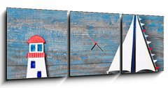 Obraz s hodinami 3D tdln - 150 x 50 cm F_BM53456935 - Sommerlicher Hintergrund aus Holz in Blau mit Segelboot - Sommerlicher Hintergrund aus Holz v Blau mit Segelboot
