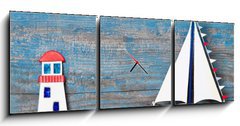 Obraz s hodinami 3D tdln - 150 x 50 cm F_BM53456935 - Sommerlicher Hintergrund aus Holz in Blau mit Segelboot