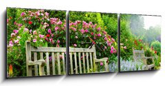Obraz s hodinami   Art bench and flowers in the morning in an English park, 150 x 50 cm