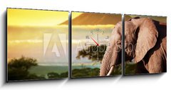 Obraz s hodinami 3D tdln - 150 x 50 cm F_BM62334614 - Elephant on savanna. Mount Kilimanjaro at sunset. Safari