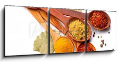 Obraz s hodinami   Spices and herbs. Curry, saffron, turmeric, cinnamon over white, 150 x 50 cm