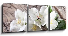 Obraz s hodinami 3D tdln - 150 x 50 cm F_BM66432530 - Jasmine flowers over old wooden table.