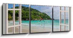 Obraz s hodinami 3D tdln - 150 x 50 cm F_BM70373045 - The open window, with sea views - Oteven okno s vhledem na moe