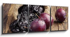 Obraz s hodinami 3D tdln - 150 x 50 cm F_BM70640969 - Prunes with plums in small sack - Slivky se vestkami v malm pytli