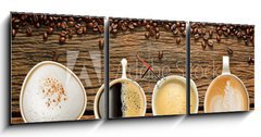 Obraz s hodinami 3D tdln - 150 x 50 cm F_BM70894369 - Variety of cups of coffee and coffee beans on old wooden table