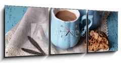 Obraz s hodinami   Cups of coffee with cookies and napkin on wooden table, 150 x 50 cm